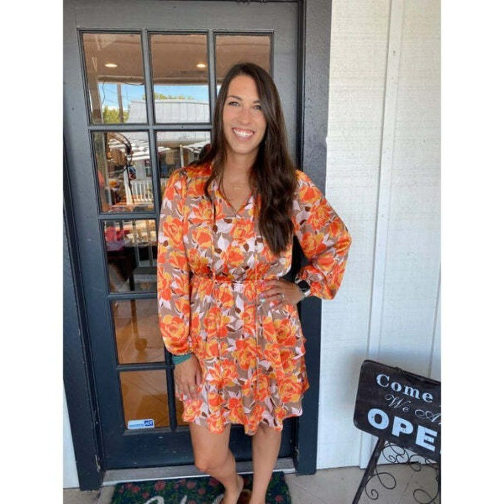 ANDREE BY UNIT Orange Taupe Floral Printed Satin Dress Fall New S-L D10288 - Picture 6 of 12